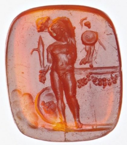 Cornaline - Persée regardant le reflet de la tête de Méduse sur un bouclier